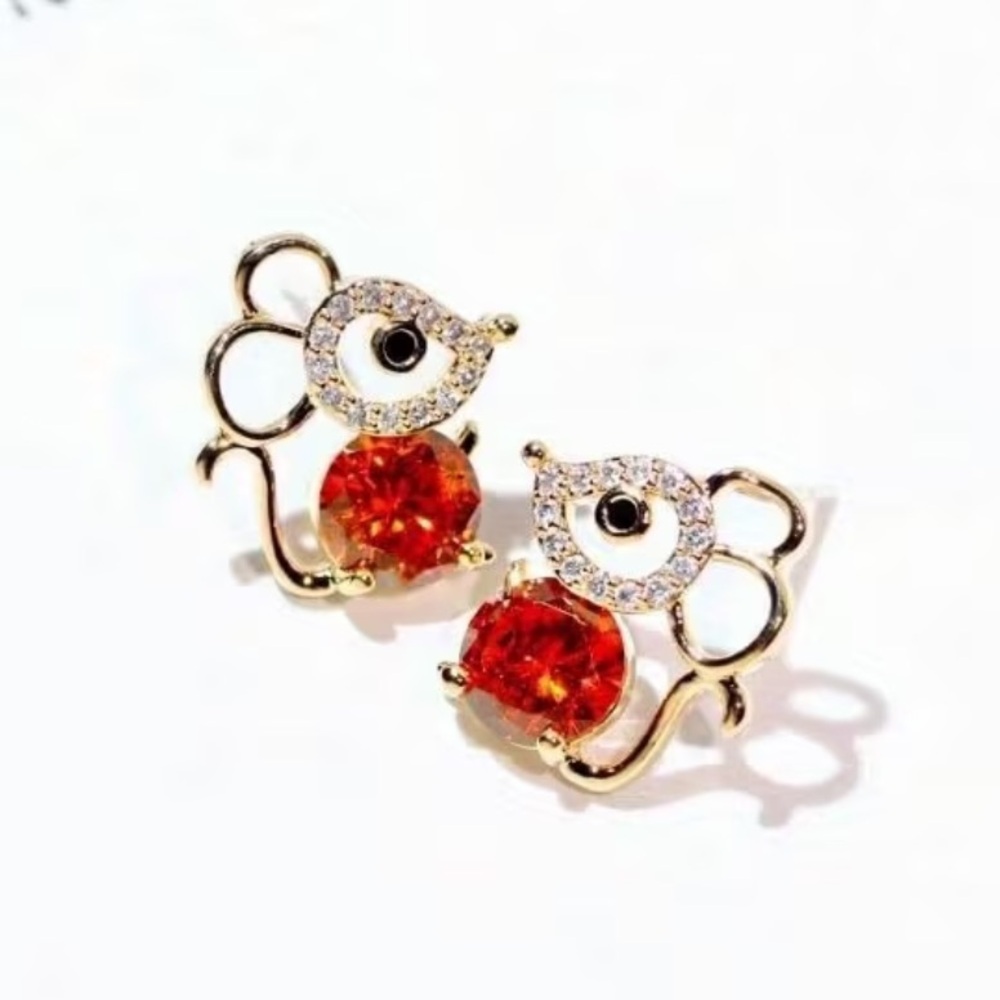 Gold Tone Mouse Stud Earrings with Red Crystal Accent